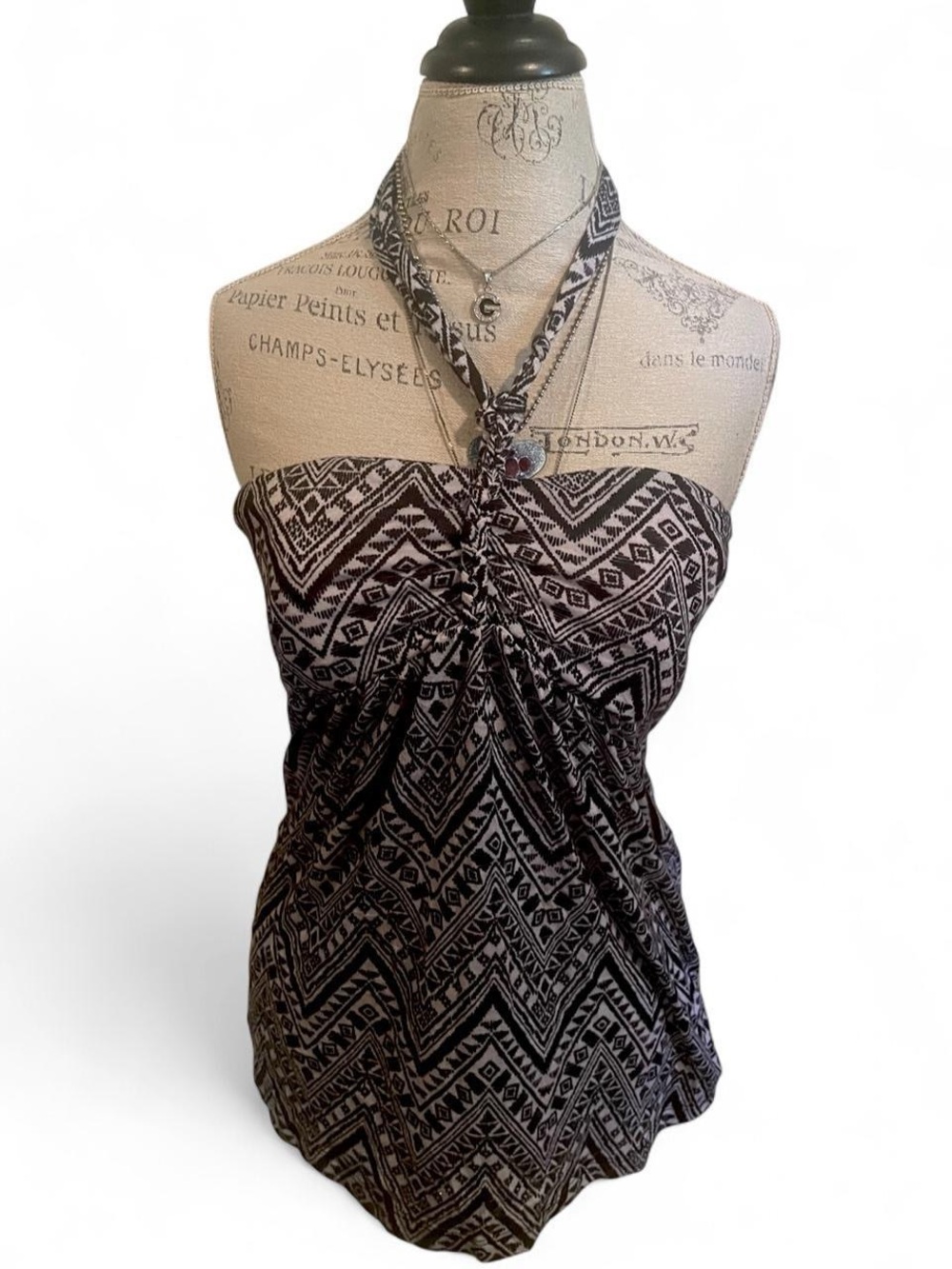 Y2K Whimsigoth Braided Boho Aztec Babydoll Halter top • No Boundries • SIZE - L